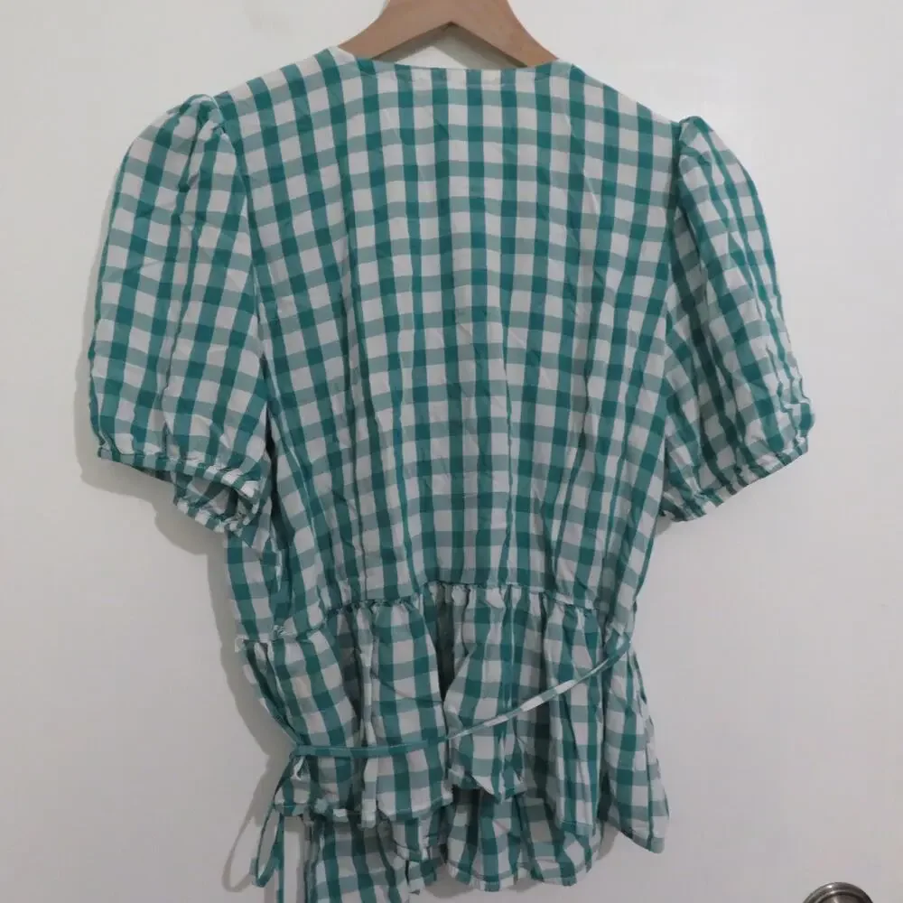 LOFT Women Sz S Teal White Gingham Plaid Surplice V Neck Wrap Blouse Puff Sleeve